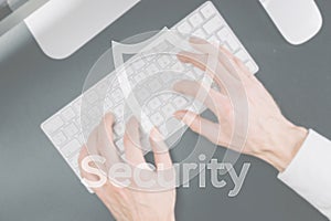 Data security. Computer Data Internet protection symbol on blured keyboard background. Business, technology, internet