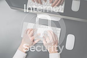 Data security. Computer Data Internet protection symbol on blured keyboard background. Business, technology, internet