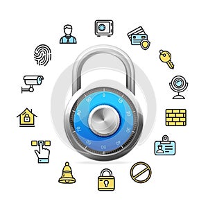 Data Security Concept and Blue Combination Padlock. Vector