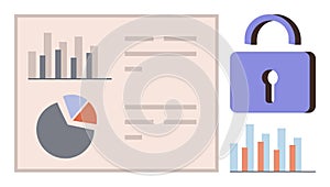 Data Security Concept with Charts, Graphs, and Lock Icon