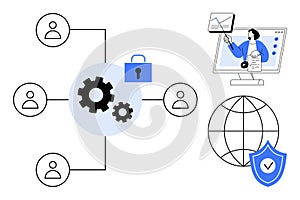 Data Security and Online Collaboration Concept with Network, Lock, and Shield Elements