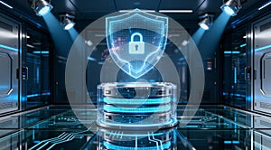 Data security concept with a digital shield and padlock symbol