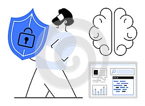Data Security Concept Featuring a Shield, Technology Brain, and Analytics Dashboard