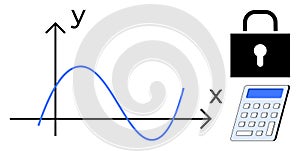 Data Security Concept with Graph, Lock Icon, and Calculator Encryption and Analysis