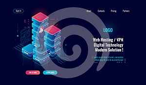 Data security concept isometric icon, database and data center, information management, server room farm, data analysis