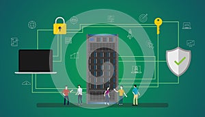 Data security concept with people server and secure icon database - vector illustration