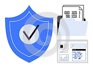 Data Security Concept with Shield Icon, Digital Files, and Analytics Interface