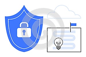 Data Security and Innovation Concept with Shield, Lock, Cloud, and Light Bulb Elements