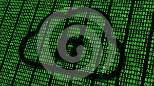 Data security concept - symbol of a closed padlock in a cloud over green binary code on black background