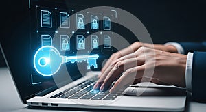 Data security concept user hands typing on laptop computer with digital encryption key