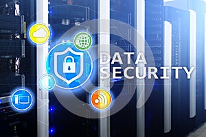 Data security, cyber crime prevention, Digital information protection. Lock icons and server room background