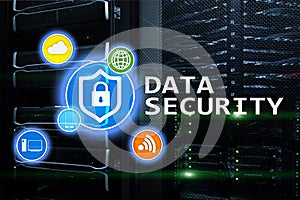 Data security, cyber crime prevention, Digital information protection. Lock icons and server room background