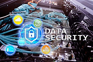 Data security, cyber crime prevention, Digital information protection. Lock icons and server room background