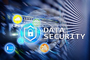 Data security, cyber crime prevention, Digital information protection. Lock icons and server room background