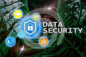 Data security, cyber crime prevention, Digital information protection. Lock icons and server room background