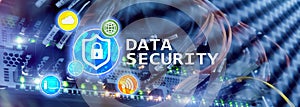 Data security, cyber crime prevention, Digital information protection. Lock icons and server room background