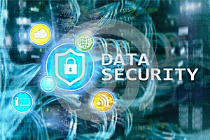 Data security, cyber crime prevention, Digital information protection. Lock icons and server room background.