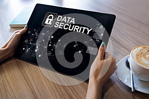 Data security, cyber protection, information privacy concept on device screen.