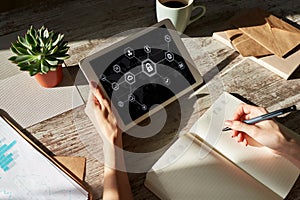 Data security, cyber protection, information privacy concept on device screen.