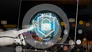 Data security and cyber security A virtual network connection is used by a robot\'s hand to safeguard commercial.