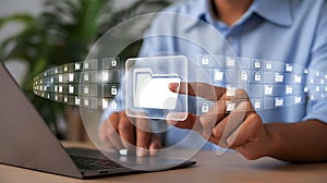 Data security and file management concept with a person accessing data through cloud storage with encryption and network