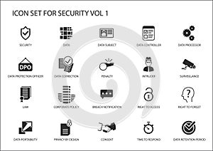 Data security and general data protection regulation icons