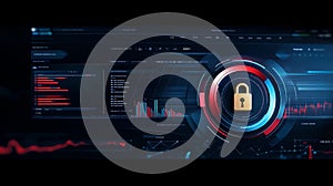 Data security interface with lock symbol, digital visualization, abstract design