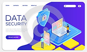 Data security isometric landing concept. Protect data and confidentiality website template. Vector illustration secure