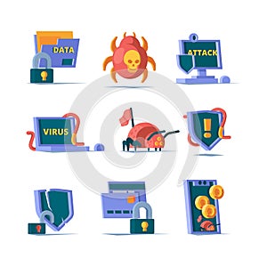 Data security. Padlock network firewall safety server online clean server cyber security vector flat icons