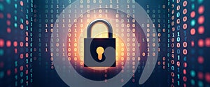 Data Security. Padlock Protecting Binary Code Background, Ensuring Cybersecurity.