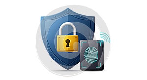 Data Security Protection with Shield, Padlock, and Fingerprint Scan