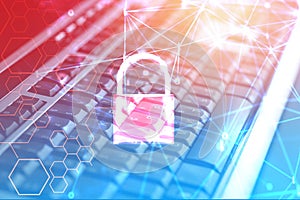 Data security systems computer with locked padlock on keyboard for protect crime by an anonymous hacker internet and data network