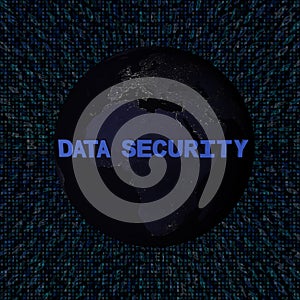 Data Security text with earth by night and blue hex code illustration