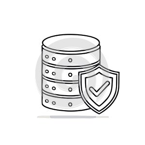 Data server icon with shield and check mark symbol, representing secure data storage and protection