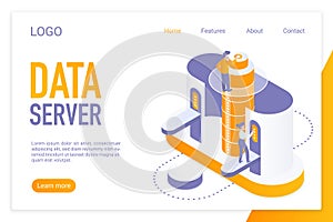 Data server landing page isometric vector template. Computer information storage, hardware equipment web banner 3d