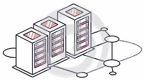 Data server racks connected by network, cloud computing, vector design Generative AI