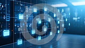 Data server room with glowing digital file icons representing data storage and cloud computing