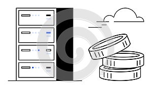 Data Server Stack and Blockchain Coins Cloud Computing Concept