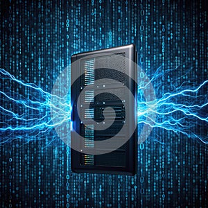 Data server surrounded by digital energy and binary code in a tech environment