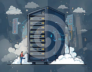 Data Server and Technician Standing in a Cloud Computing Illustration