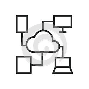 Data sharing icon in line design. cloud sharing, data exchange, connected devices on white background vector. Data sharing