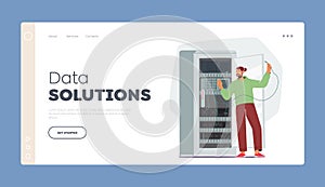 Data Solutions Landing Page Template. System Administrator Character Servicing Server Racks. Sysadmin Upkeeping Computer