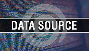 Data source with Binary code digital technology background. Abstract background with program code and Data source. Programming and