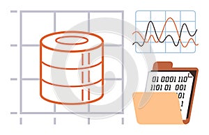 Data storage, analysis, and visualization concept with database, graphs, and binary code on a file folder