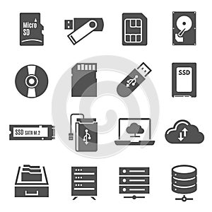 Data storage bold black silhouette icons set isolated on white. Cloudy technology, hdd, memory stick.