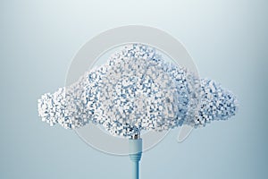 Data storage and cloud technology concept with blue wire connected to white pixelate cloud on abstract light grey background. 3D