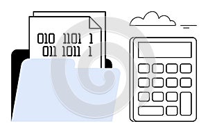 Digital Data Storage and Binary Code Concept with Calculator and Cloud Symbol