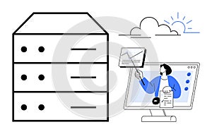 Data storage, cloud computing, and online education concept with server, cloud, and virtual presentation
