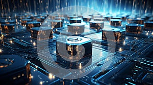 Data storage cubes between electrical pathways. Quantum computing, database, cloud computing concept