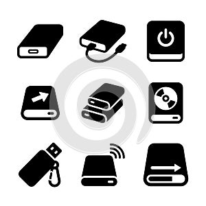Data storage device solid glyph icon set vector illustration